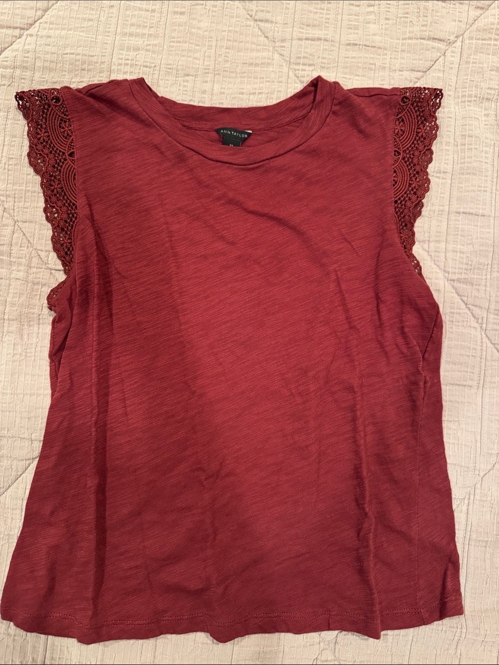 Ann Taylor Burgundy Crochet-Sleeve Tank Top